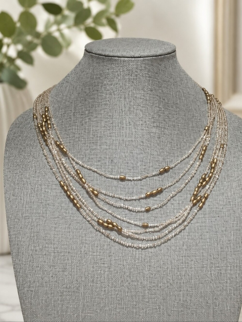 Layer Clear Seed Bead & Brass-Tone Necklace – Adjustable Lobster Clasp